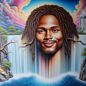 A hyper-realistic 3-D oil painting colorful waterfall with the f...