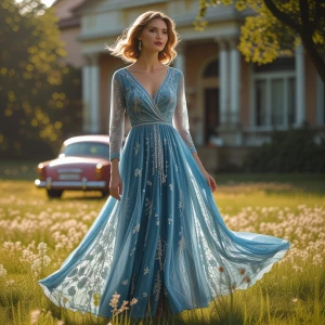 Create an image of a woman in a long, flowing blue dress with in...