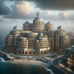 Design a luxurious classic facade for a circular-plan, four-stor...