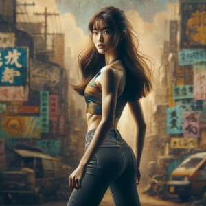 Athletic Thin skinny Attractive, Asian teenage girl, long brown hair and bangs, wearing tight skinny jeans and a halter top paint marks on her clothing, heroic pose Asian graffiti background, backside view