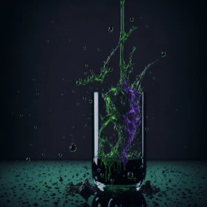 A dropper filled with ink held over a full glass of water, the i...