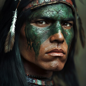 A native american indian with intricate green facial paint, feat...
