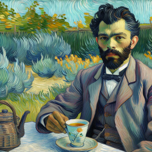 A man sitting at the table and drinking tea