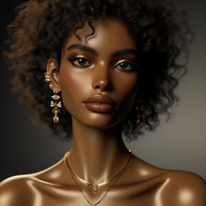 This is an image of a 3D-rendered character that appears to be a woman with a very detailed and realistic appearance. She has dark skin, curly hair, and is wearing makeup that includes dramatic eyeliner, eyeshadow, and lipstick. The character is also adorned with gold jewelry, including earrings and a necklace. The level of detail in the image is quite high, giving it a photorealistic quality. The background is minimalistic, with a dark gray color that contrasts with the character's skin tone and the gold of her jewelry.