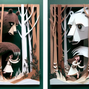 A giant bear runs into a girl. Girl run into a forest.make it li...