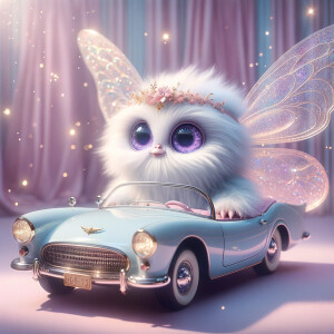 Imagine a whimsical, fluffy creature with large, sparkling purpl...