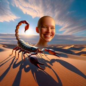 Extra-large scorpion with a female woman's bald head smiling at...