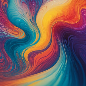 Create an image of vibrant, multicolored liquid swirls merging t...