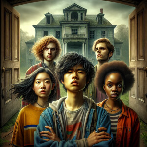 Four teenagers are standing in an abandoned mansion. The front d...