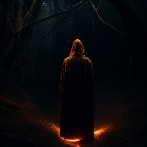 This image depicts a dark, mysterious figure standing in a shado...