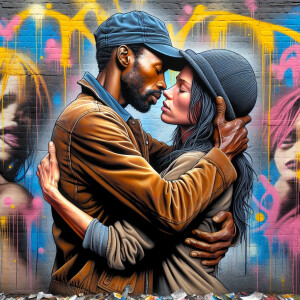 A digital illustration, airbrush style depicting a close embrace...
