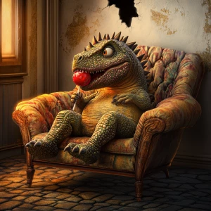 A cute little dinosaur with a fun, happy expression, is sitting on a vintage quilted reading chair.  His head shows the nobbed spikes of a dinosaur. He has a bright shiny red lollipop in his hand and is licking it. His tongue shows that he is licking the lollipop. The scene is shown in dark lighting with the light accetuated on the dinosaur. The scene is shown through a hole in the wall. The floor part of the scene is vintage dark cobble stones. The hole in the white wall is realistic.