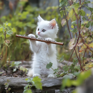 white kitten playing a small flute the size of a cat on the gard...