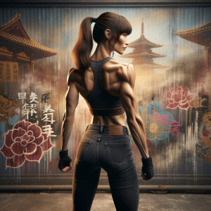 Athletic Thin skinny Attractive, Asian teenage girl, long brown hair and bangs, wearing tight skinny jeans and a halter top paint marks on her clothing, heroic pose Asian graffiti background, backside view