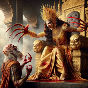 portrait of angry looking goddess durga sitting on a gold crown...