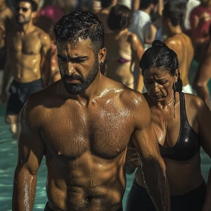 PhotoRealism,realism,a muscular beefy sweaty man  walking with h...