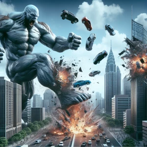 Generate a hyper-realistic image of a menacing, muscular, bald giant exhibiting superhuman strength as he effortlessly throws cars at skyscrapers, igniting colossal explosions and sending a vivid cascade of debris sprawling across the city skyline.