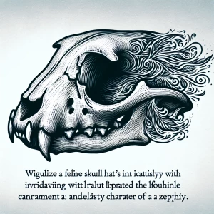 Create an image of a cat skull with delicate, wind-inspired engr...