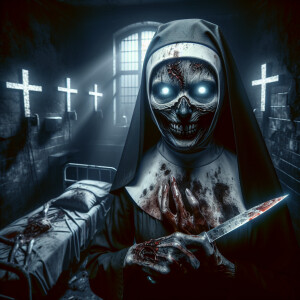 nun upside down crosses, horror scene, knife, dark hospital room...