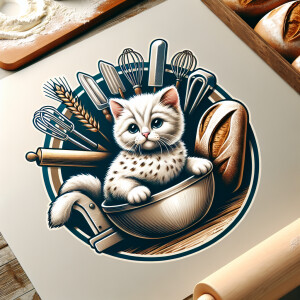 A kitten with flour on its head in a bakery