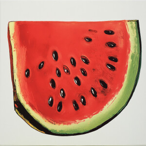 Generate a vibrant colorful image of a ripe, juicy slice of wate...