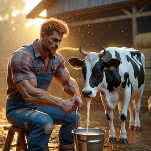 A cinematic, ultra-realistic 3D scene of a rural sunrise farm. A...