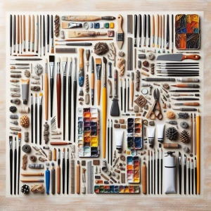 Design a knolling layout featuring a collection of artist’s tool...