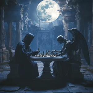 Grim Reaper is sitting at a table playing chess  against an ange...