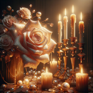 "Envision the scene before you: a majestic rose bathed in the warm glow of candlelight, its petals unfolding like a treasury of pearls and diamonds sparkling in soft illumination. Golden candles stand tall, their flames casting a lustrous sheen that brings out the gold's rich patina.