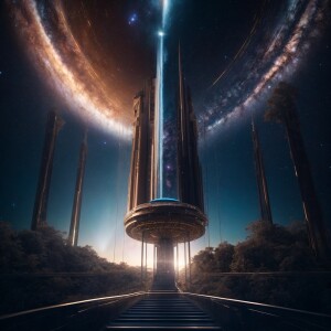 In the serene depths of space, a galactic starry-eyed space elev...