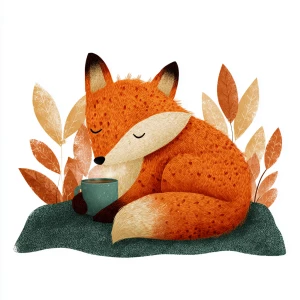 A sleepy orange fox sipping tea on a soft blanket with leaves ar...