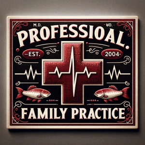 Design a professional medical sign with a black background, acce...