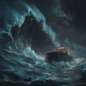 Surreal, dreamlike image: a massive cargo ship battling towering...