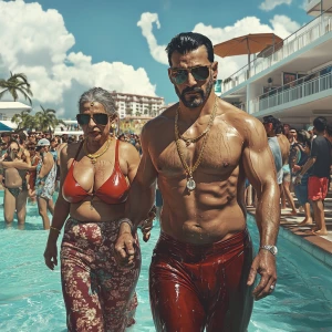 Photorealism,a muscular beefy criminal man walking with his swea...