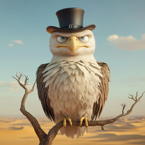 3d digital caricature of a whimsical bald  eagle, sitting on a s...