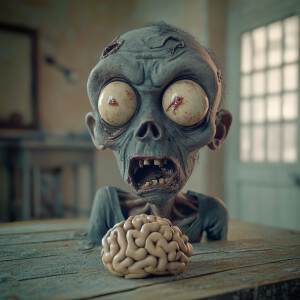 A zombie looking for his brain,  egxrated confused look on zombi...