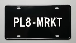 a black licensed plate that says PL8MRKT on it