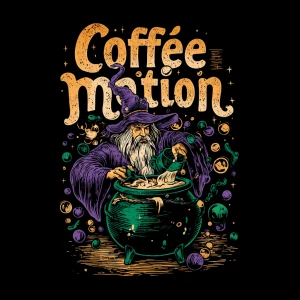 imagine/ hand-drawn wizard-like figure brewing coffee in a cauld...