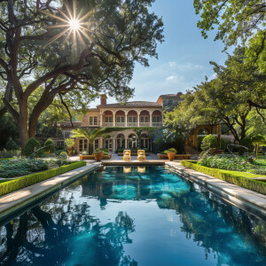 A large mansion with a pool