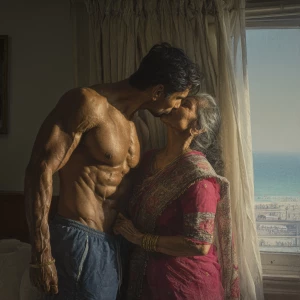 Hyperrealism painting.a muscular sweaty indian man standing in...