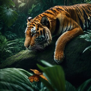 Prompt 2: Depict a tiger lounging on a rock while a dragon flies...
