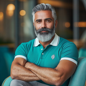 The image shows man white a bearded black, gray haired muscular...