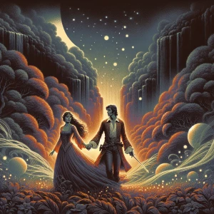 A couple standing in a twilight meadow, holding hands and surrounded by faint glowing orbs. The delicate details of their attire and the softly textured background evoke a romantic, vintage fantasy vibe