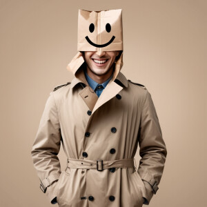 A man in a trench coat with a paper bag on his head and the head...