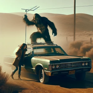 A humanoid looking hair covered sasquatch grabs a aerial of a wo...