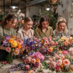 Композиция цветочный мастер-класс. 4 девушки собираюь букеты из...