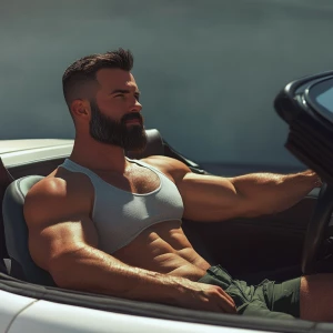 Generate an image of a muscular, bearded man dressed in a snug t...