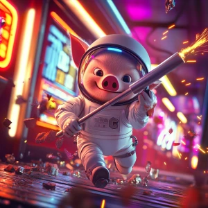 Cute cartoon pig in vintage white spacesuit and helmet (no ears...