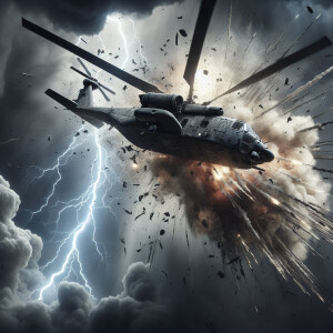 An Army helicopter struck by a missile and exploding, the tail s...