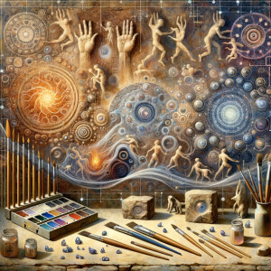 Cave Art with Handprints symbols for fire, water and air, macro, circuitry, cellular structures, DNA paint brushes and art pallets small birds, flying cardiogram print out slide detector print electromagnetic fields linear grid golden ratio